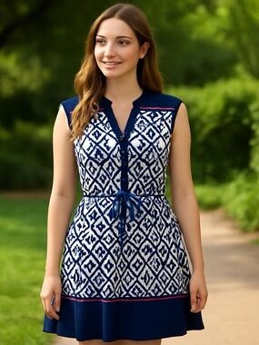 Enfocus Studio‎ Sleeveless Navy & White Tunic Mini Dress Womens Size 10